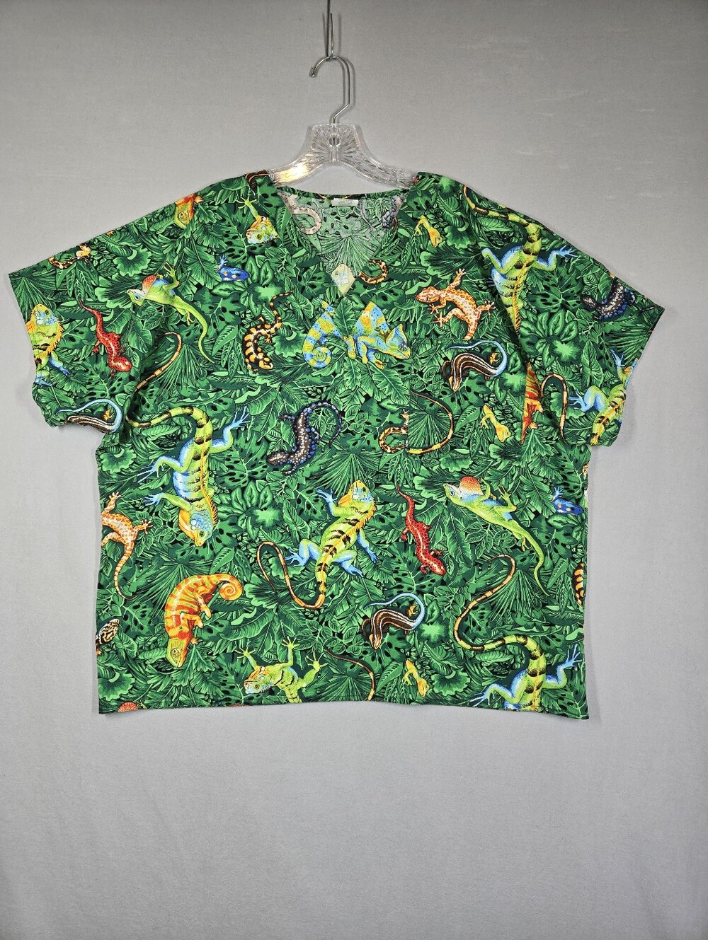 Vintage Scrub Factory Top Women’s‎ XL Tropical Lizards Print Green Cotton
